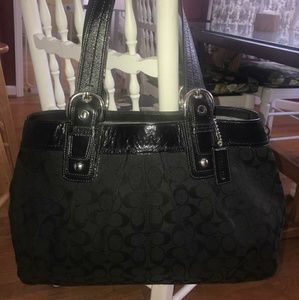 Black leather coach monogram shoulder bag